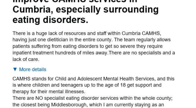 PLEASE Support my Petition: “Improve CAMHS services in Cumbria, especially surrounding eating disorders.”